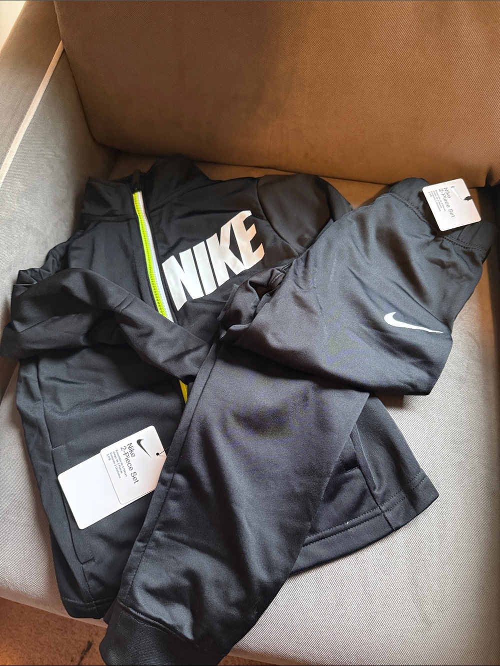 Nike Black Jacket with Neon Yellow-Green Zip and White Logos